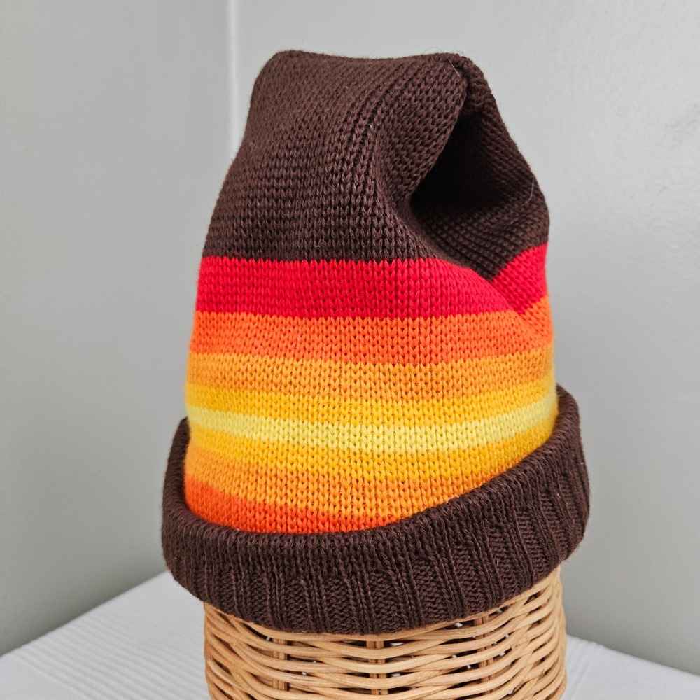 Vintage Smiley‎ 70s Stripe Wool Winter Ski Hat Beanie Brown Orange Sparks Nevada